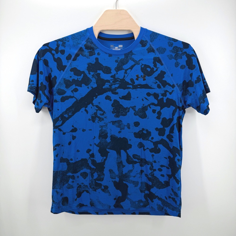 Under Armour HeatGear Shirt Mens Large Blue Camo Activewear Loose Fit Raglan Tee